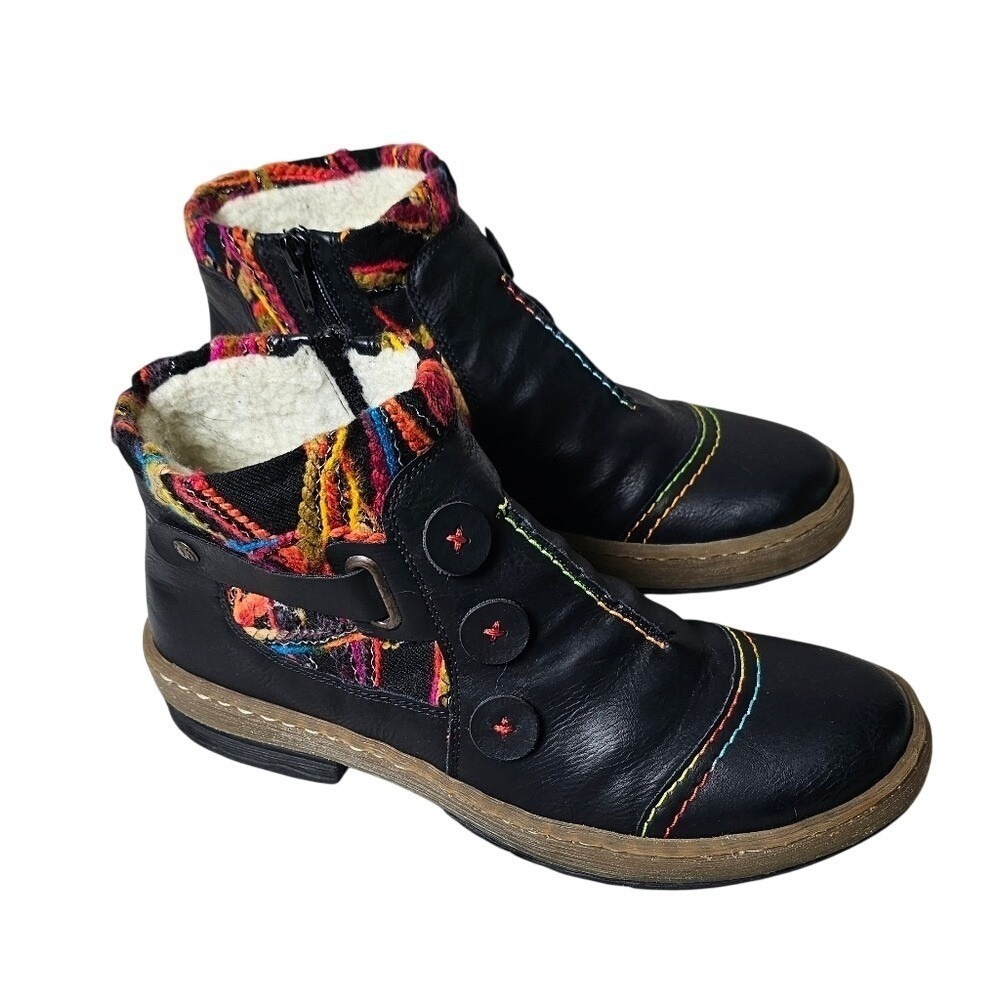 Rieker Black Ankle Boots with Multicolor Accents - Picture 2 of 14